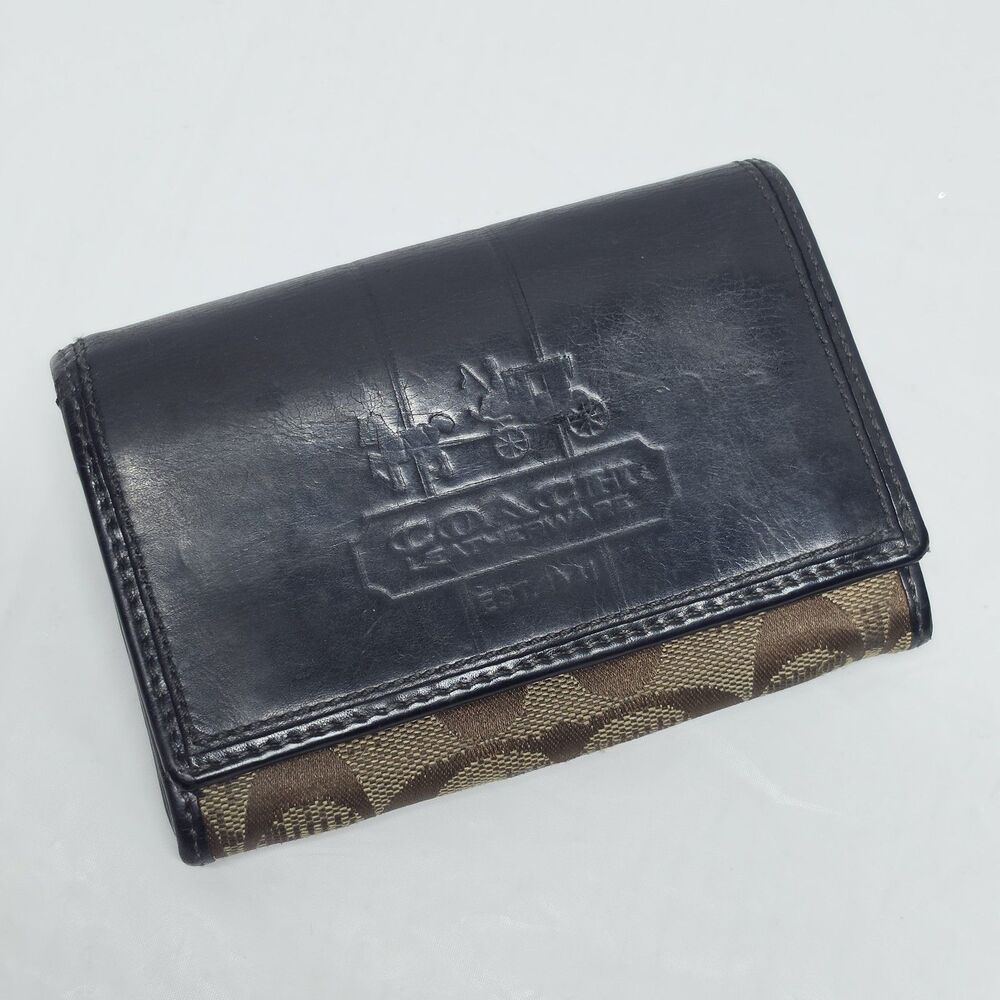 Vintage COACH Y2K Signature Brown Tan Canvas Black Leather Small Bifold Wallet